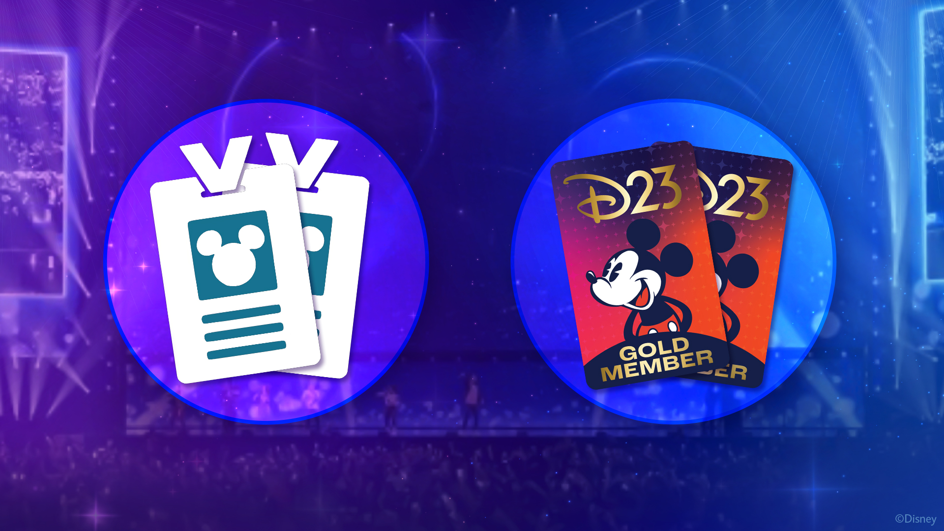 The D23: The Ultimate Fan Event Sweepstakes highlights event badges with a Mickey icon and D23 Gold Member cards featuring Mickey Mouse on a stage background.