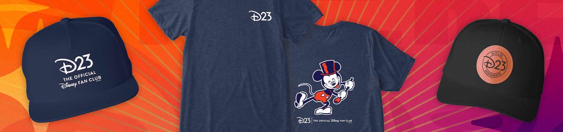 Alt-text: D23 promotional graphic displays a navy fan club hat, a shirt with Mickey Mouse and D23 logo, and a black D23 Gold Member cap.