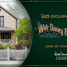 Promotional graphic for D23 Exclusive Tours features the Walt Disney Birthplace house with text &ldquo;June 28, Chicago, IL&rdquo; and &ldquo;125 Years of Inspiration.&rdquo;