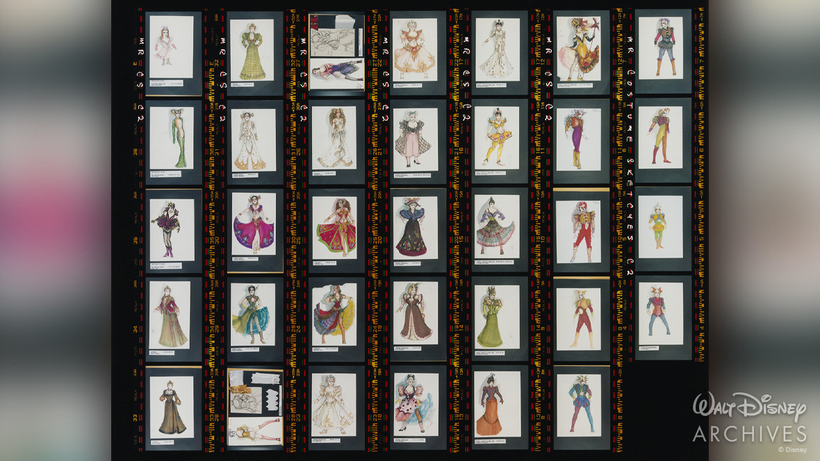 Another contact sheet with dozens of costume sketches arranged in rows and columns, labeled Moulin Rouge on the side. Most sketches feature flamboyant and colorful outfits from the film, including can-can dresses, suits, and elaborate accessories.