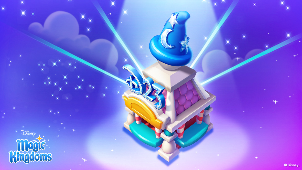 Across a purple background is the Disney Magic Kingdoms special item for D23&mdash;a concession stand topped with the Sorcerer&rsquo;s Apprentice Mickey Mouse hat. The signage in front of the building is a sparkling D23 logo. There is light bursting out from 4 sides of the building, and sparkles and clouds are seen floating in the background. In the bottom left corner is the Disney Magic Kingdoms logo.