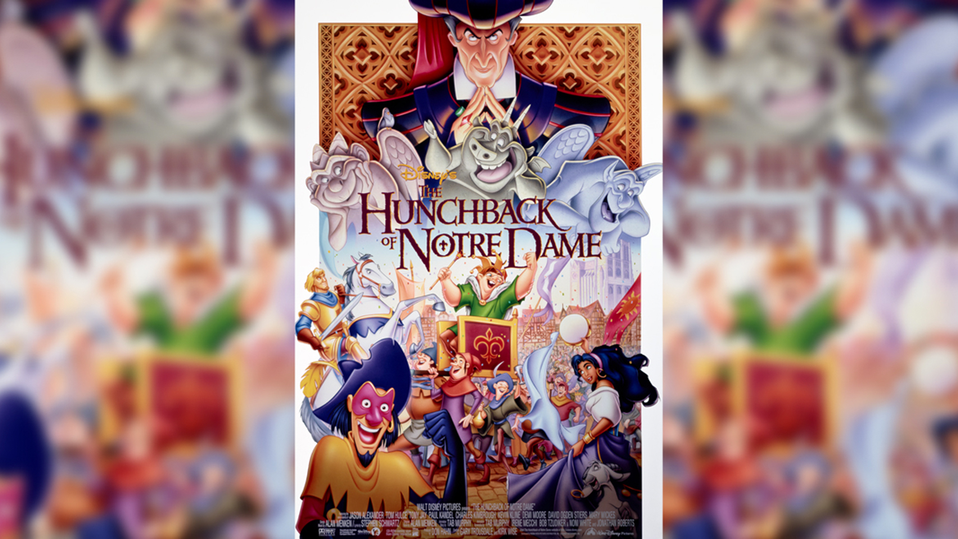 Quasimodo and Esmeralda celebrate among festive crowds with gargoyles and Judge Frollo looming above in The Hunchback of Notre Dame movie poster.