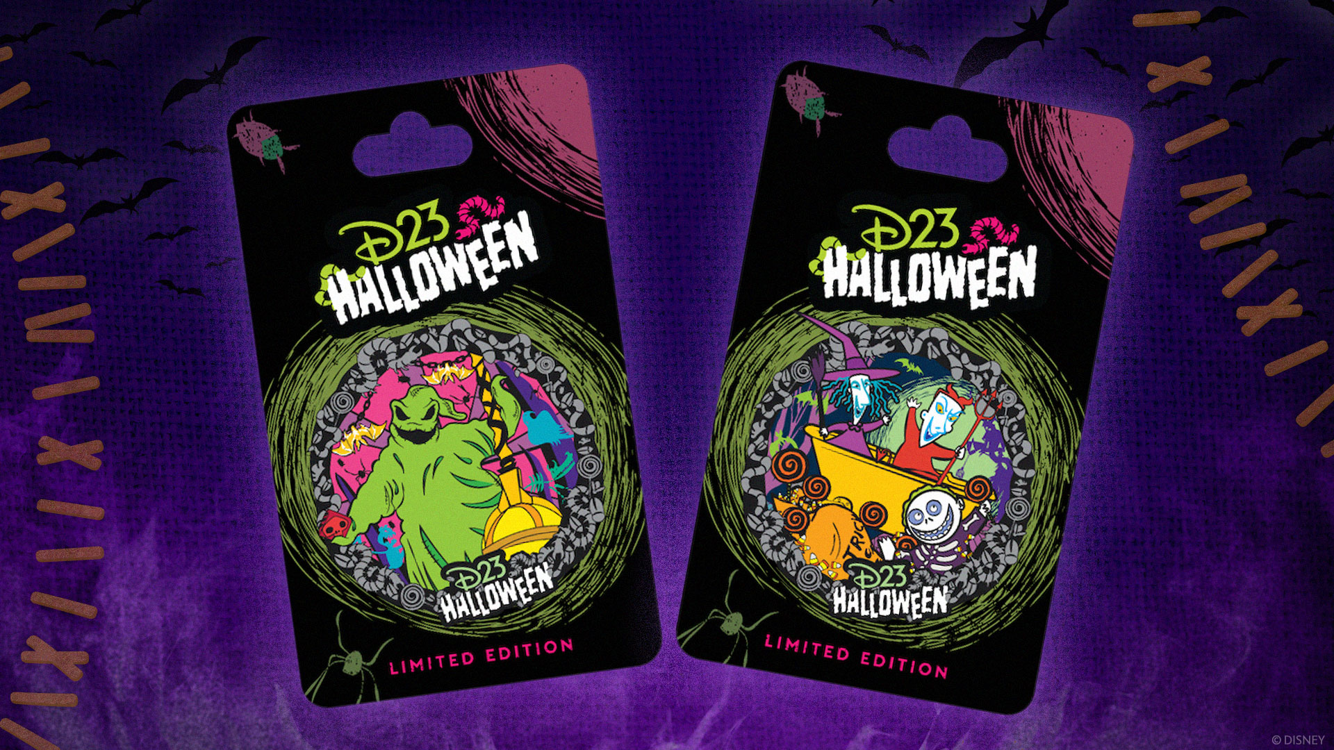 On a bright purple background with bats in the top left and right corners and orange stitching on the left side, two images of pins featuring &ldquo;D23 Halloween&rdquo; and characters from &ldquo;The Nightmare Before Christmas&rdquo;: Oogie Boogie on the left and Lock, Shock, and Barrel on the right. Behind both characters are wreaths of grey worms and insects surrounded by a green swirl of color.