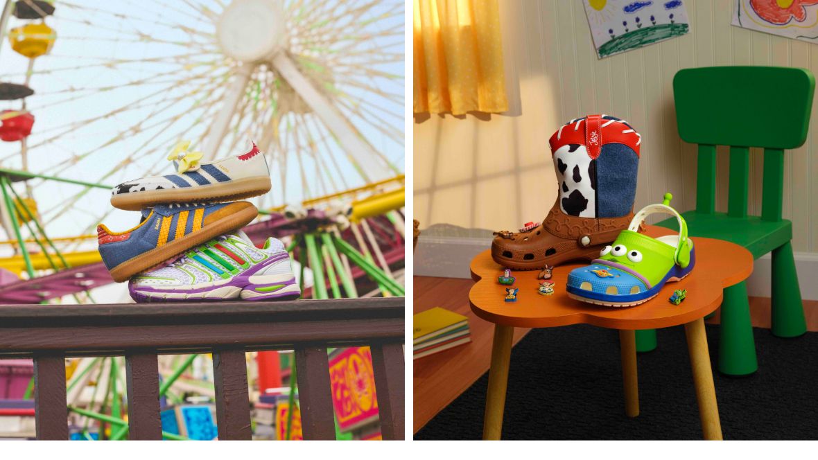 On the left, Toy Story 5-inspired sneakers from adidas. On the right, Toy Story 5-themed shoes from Crocs.
