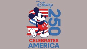 The logo for Disney&rsquo;s America 250 celebration, &ldquo;Disney Celebrates America,&rdquo; featuring Mickey Mouse and the number &ldquo;250&rdquo; in red, white, and blue.
