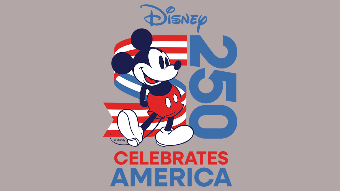 The logo for Disney&rsquo;s America 250 celebration, &ldquo;Disney Celebrates America,&rdquo; featuring Mickey Mouse and the number &ldquo;250&rdquo; in red, white, and blue.