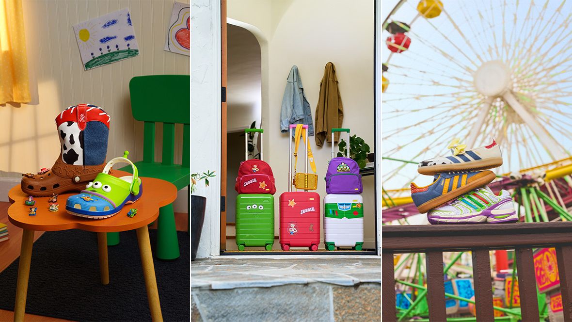 Triptych image featuring Toy Story 5-related products. On the left, Toy Story 5-themed shoes from Crocs. In the middle, luggage inspired by Toy Story 5 from Away. On the right, Toy Story 5-inspired sneakers from adidas.