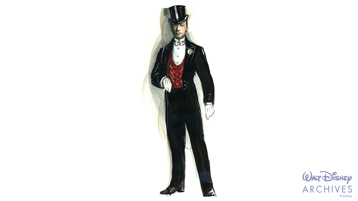 A costume sketch of Christian’s “evening look: a formal black suit with a red and gold vest, white cravat, and black top hat.