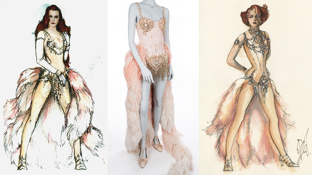 A split image showing two costume sketches flanking a mannequin wearing the finished costume between them. The costume, worn by Nicole Kidman as Satine in Moulin Rouge!, is a glamorous, bejeweled bodysuit with a feathered skirt, echoing a Parisian cabaret style.