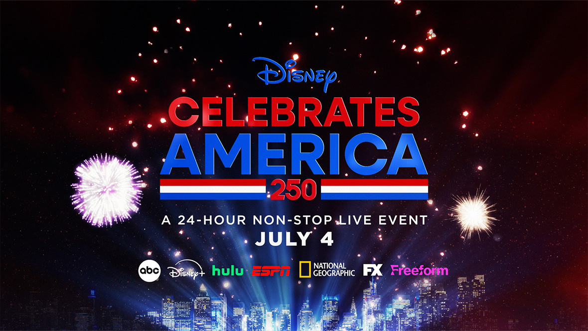 A promotional image for “Disney Celebrates America,” the 24-hour programming event spanning ABC, Disney+, Hulu, National Geographic, FX, Freeform, ABC News Live, ESPN, and ABC Owned Television Stations and affiliates beginning the evening of July 3, 2026.