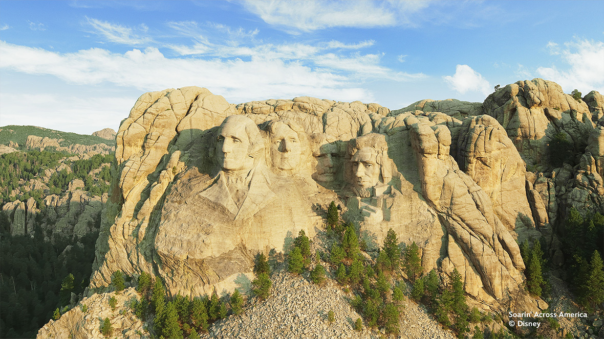 An image of Mt. Rushmore from Soarin’ Across America, a reimagined flight experience at EPCOT at Walt Disney World and Disney California Adventure Park at Disneyland Resort.