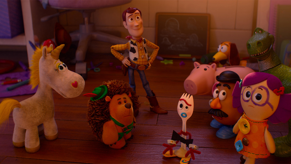 In an image from Disney and Pixar&rsquo;s Toy Story 5, Forky (voiced by Tony Hale), center right, Woody (voiced by Tom Hanks), back center, and several other toys&mdash;including Mr. Potato Head, Slinky Dog, Rex, Hamm, and Mr. Pricklepants&mdash;are standing in Bonnie&rsquo;s bedroom.