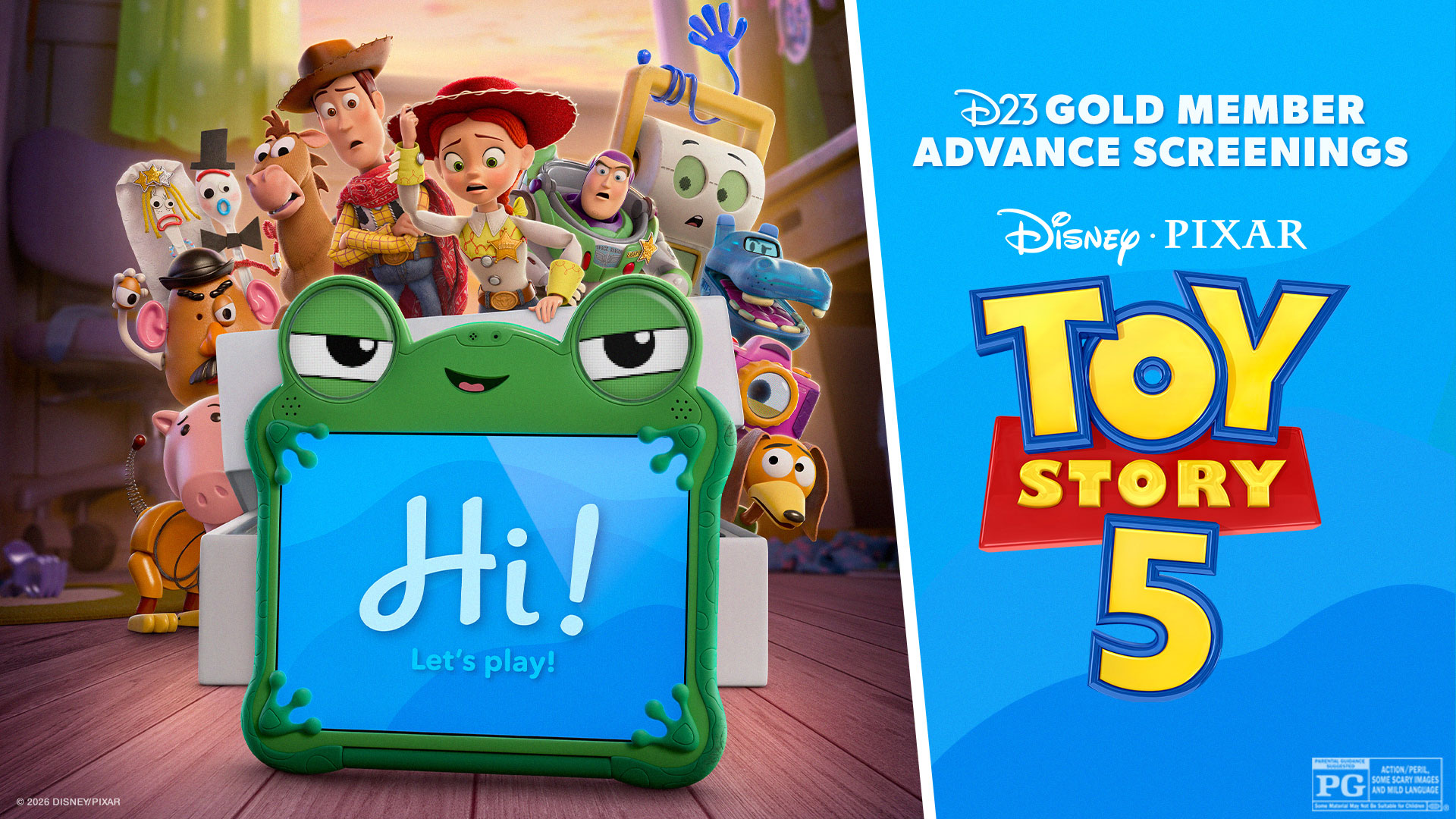 Woody, Jessie, Buzz Lightyear, and other Toy Story characters gather around a tablet reading "Hi! Let