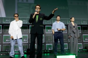 From left to right, Pedro Pascal, Disney Legend Robert Downey Jr., Chris Evans, and Hayley Atwell appear onstage during the Marvel Studios Panel at San Diego Comic-Con on July 25, 2026.