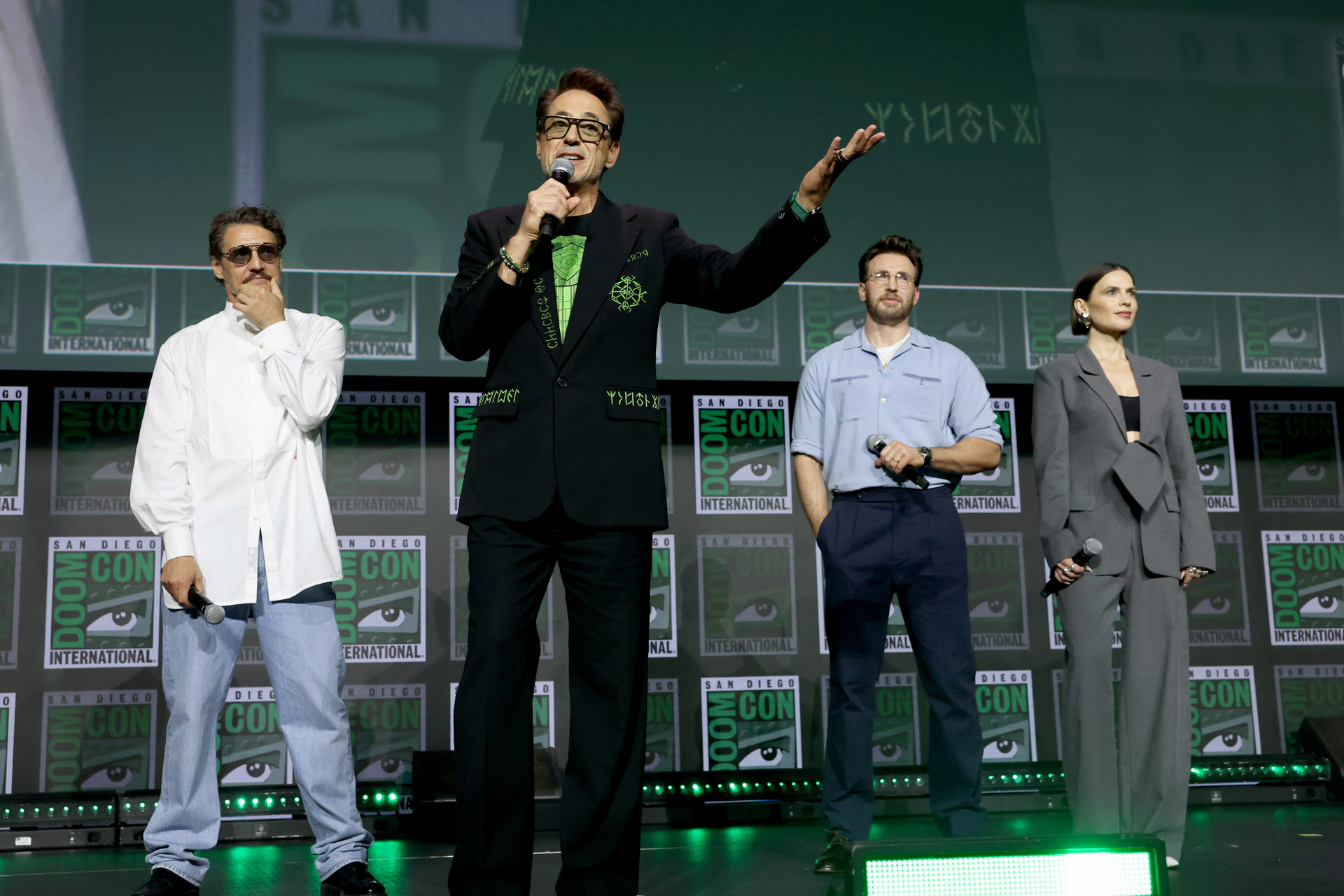 From left to right, Pedro Pascal, Disney Legend Robert Downey Jr., Chris Evans, and Hayley Atwell appear onstage during the Marvel Studios Panel at San Diego Comic-Con on July 25, 2026.