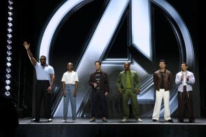 From left to right, Winston Duke, Letitia Wright, Paul Rudd, Anthony Mackie, Simu Liu, and Danny Ramirez appear onstage during the Marvel Studios Panel at San Diego Comic-Con on July 25, 2026.