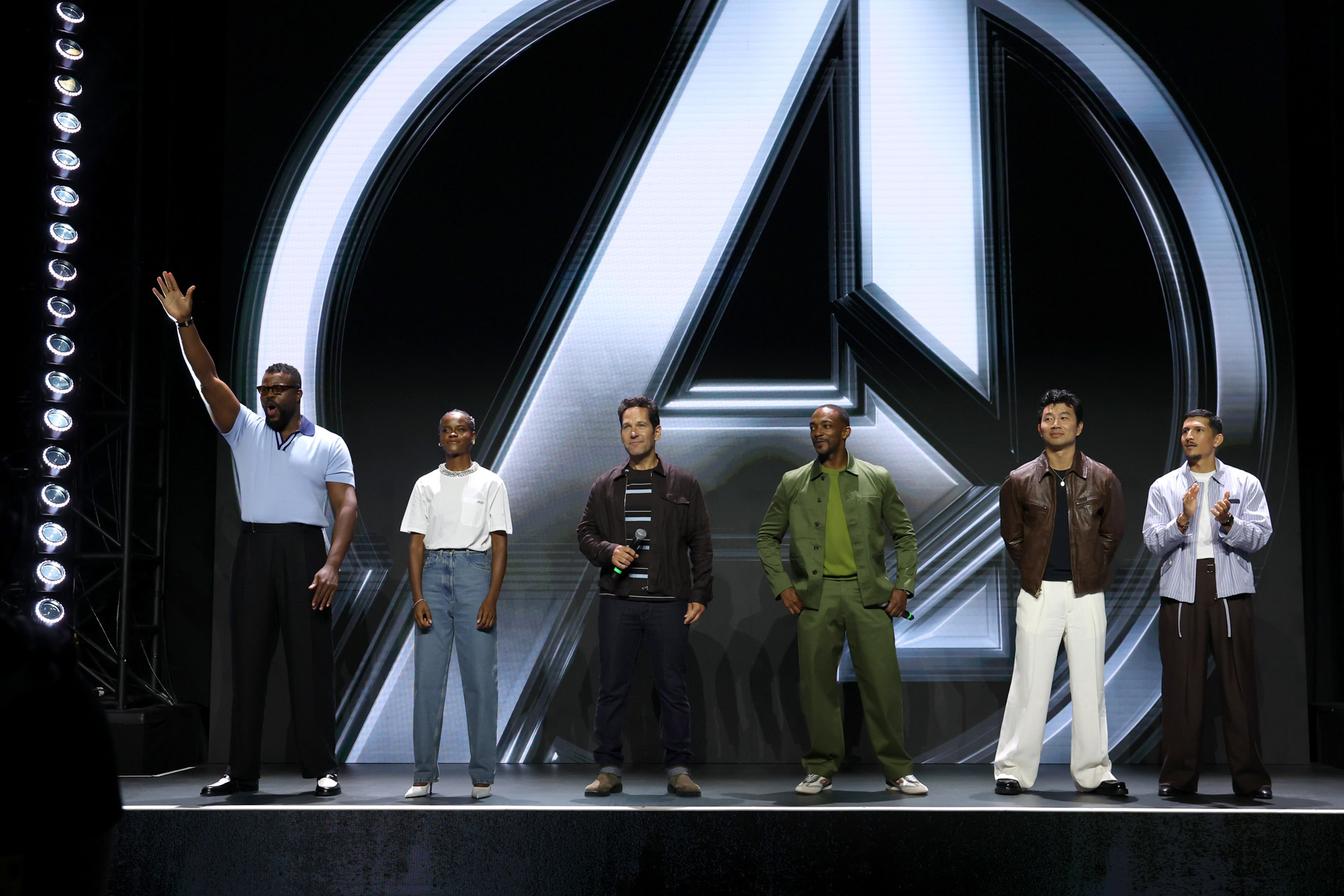 From left to right, Winston Duke, Letitia Wright, Paul Rudd, Anthony Mackie, Simu Liu, and Danny Ramirez appear onstage during the Marvel Studios Panel at San Diego Comic-Con on July 25, 2026.