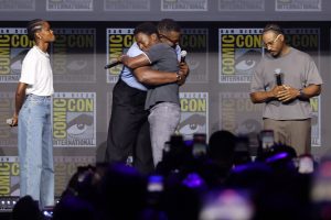 From left to right, Letitia Wright, Winston Duke, David Jonsson, and Ryan Coogler appear onstage during the Marvel Studios Panel at San Diego Comic-Con on July 25, 2026.