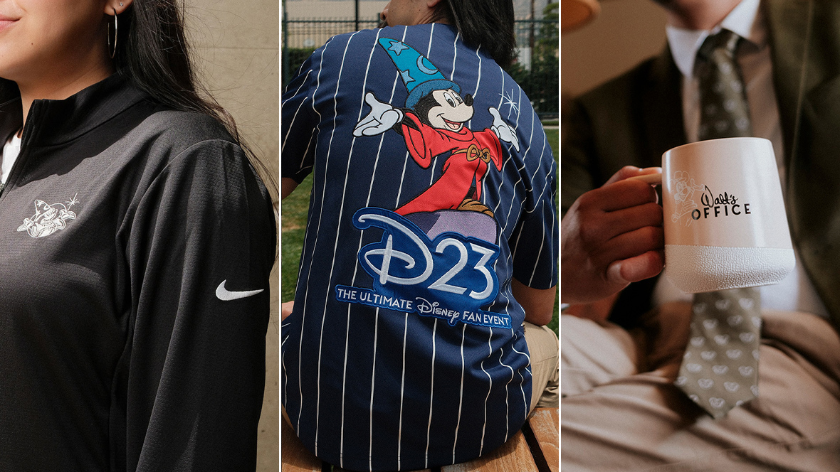 D23-branded merchandise including a Nike quarter-zip jacket, Sorcerer Mickey baseball jersey, and Walt&rsquo;s Office mug displayed in a collage.