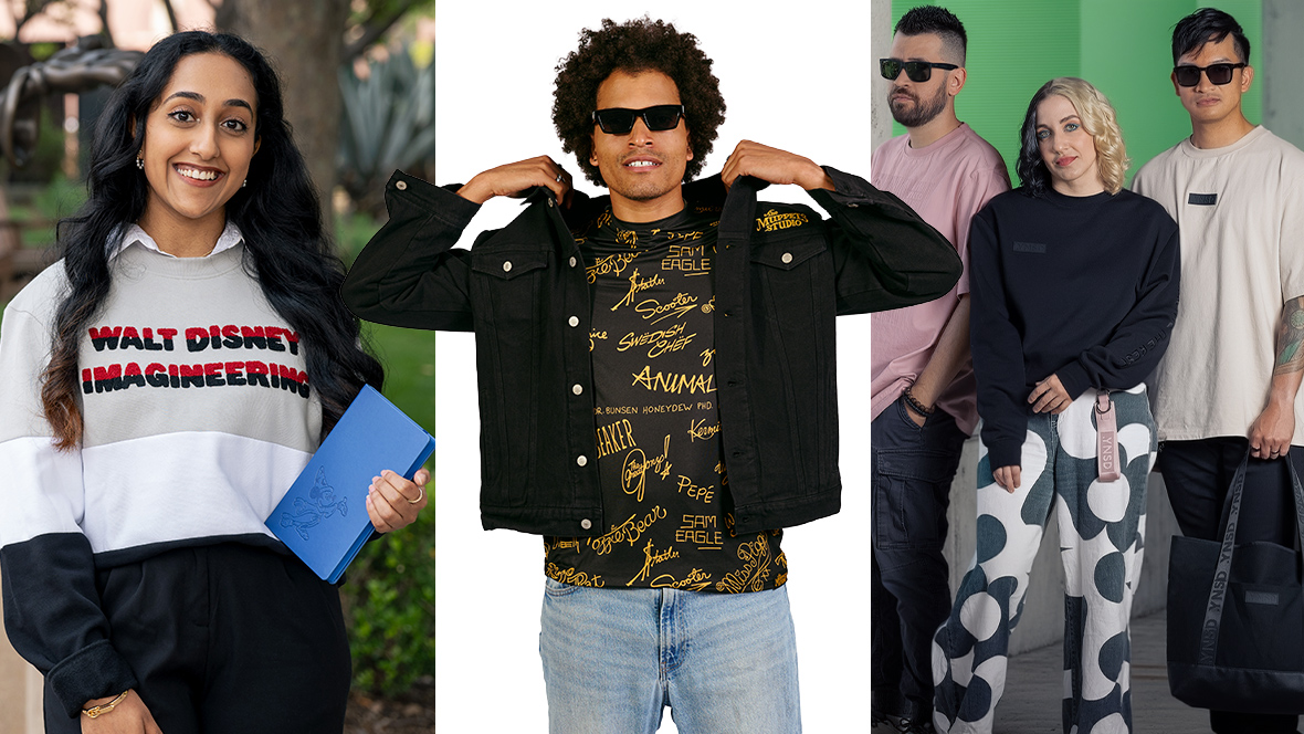 Models display Walt Disney Imagineering apparel and accessories, including a branded sweatshirt, graphic shirt, tote bag, and patterned pants.