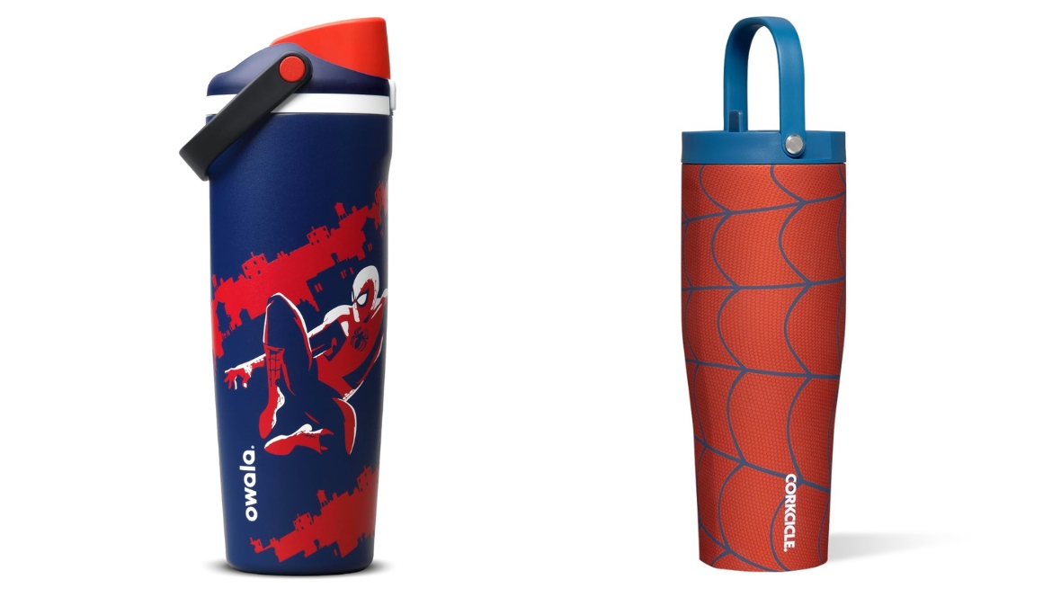 Side by side images of Owala and Corkcicle Spider-Man-themed bottles.