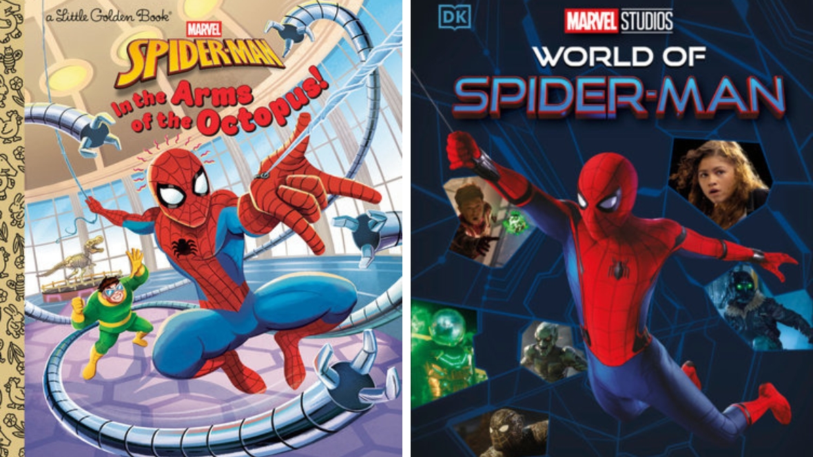 Side by side images of Spider-Man themed books for kids.