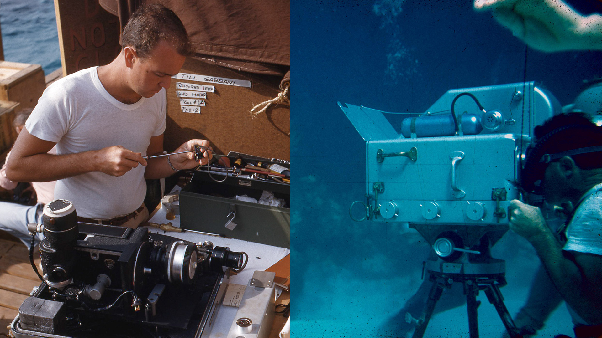 On the left, Don Iwerks working on camera equipment for 20,000 Leagues Under the Sea. On the right, shooting a scene for the 1954 film.