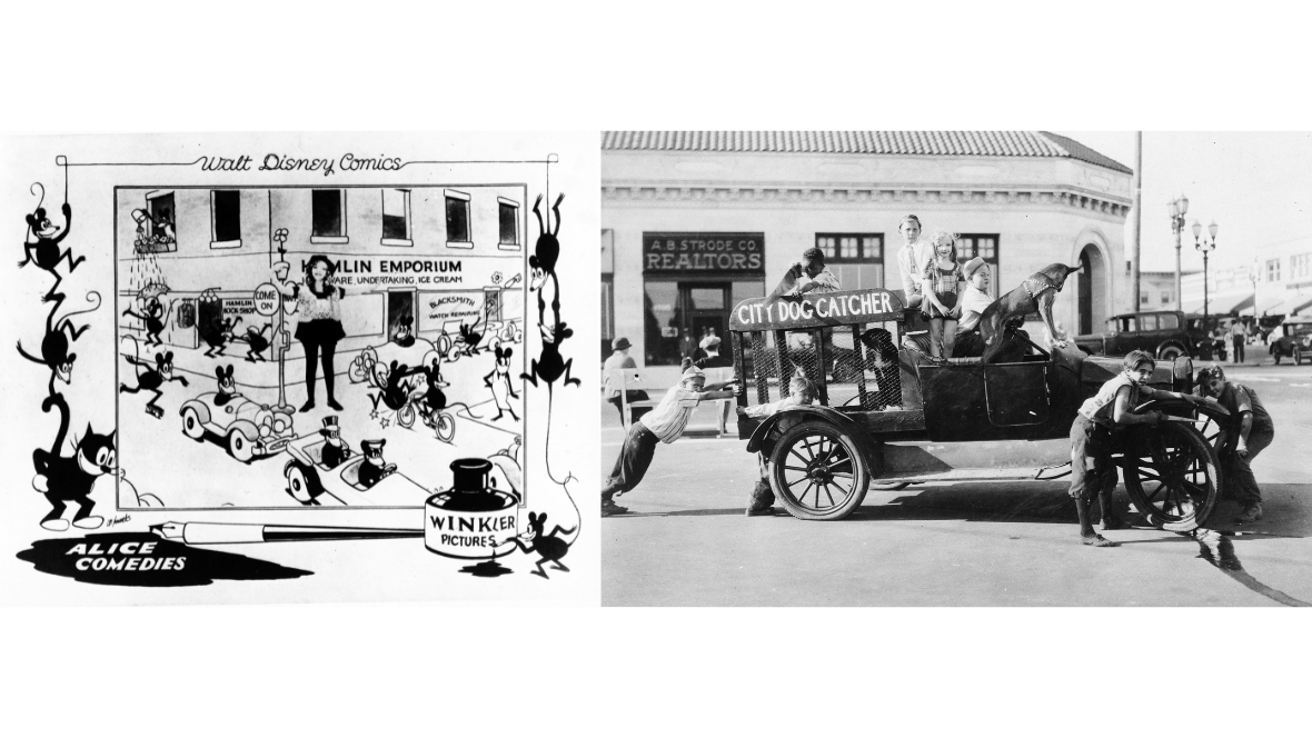 On the left, a child performer stands among animated characters in promotional artwork for Walt Disney's early Alice Comedies series; on the right, children push a vehicle labeled "City Dog Catcher" during a scene from Walt Disney's early Alice Comedies.