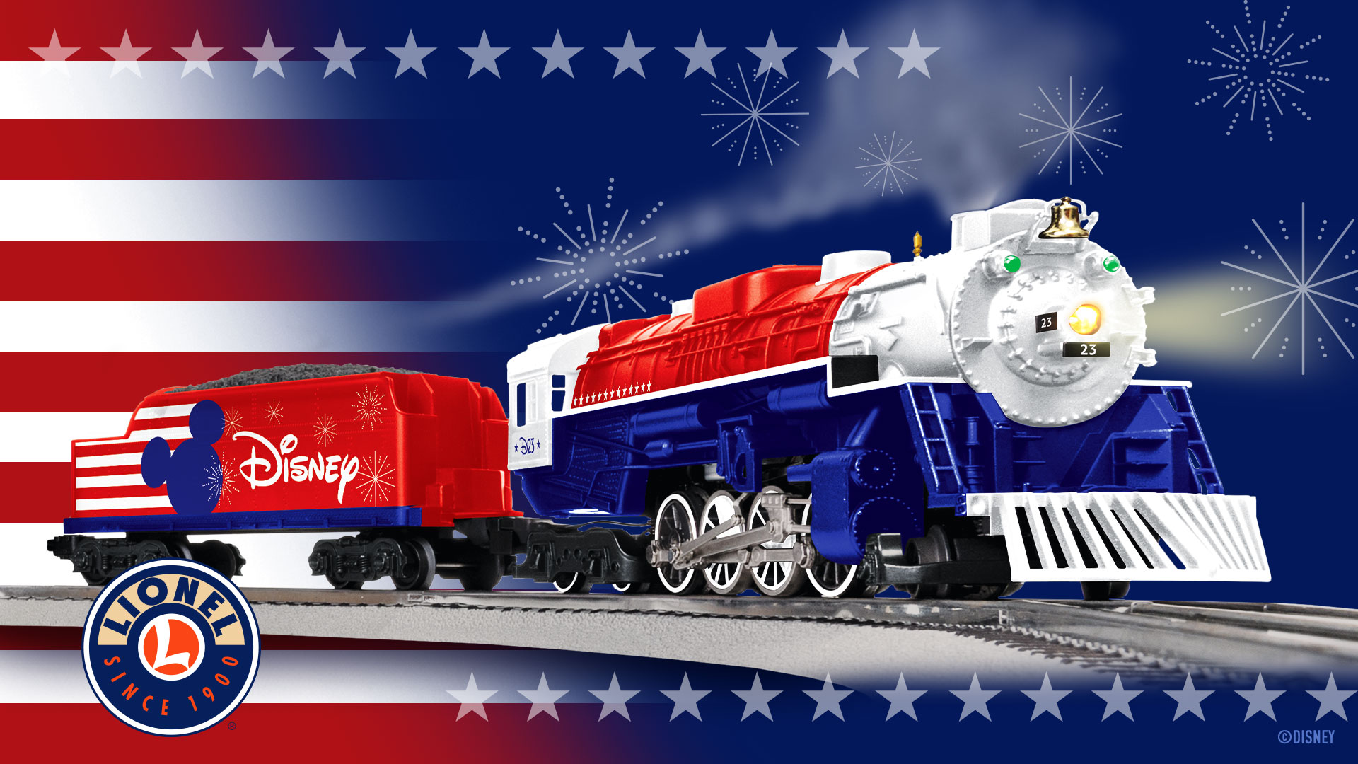 An exclusive Lionel Brands Group train in red, white, and blue.