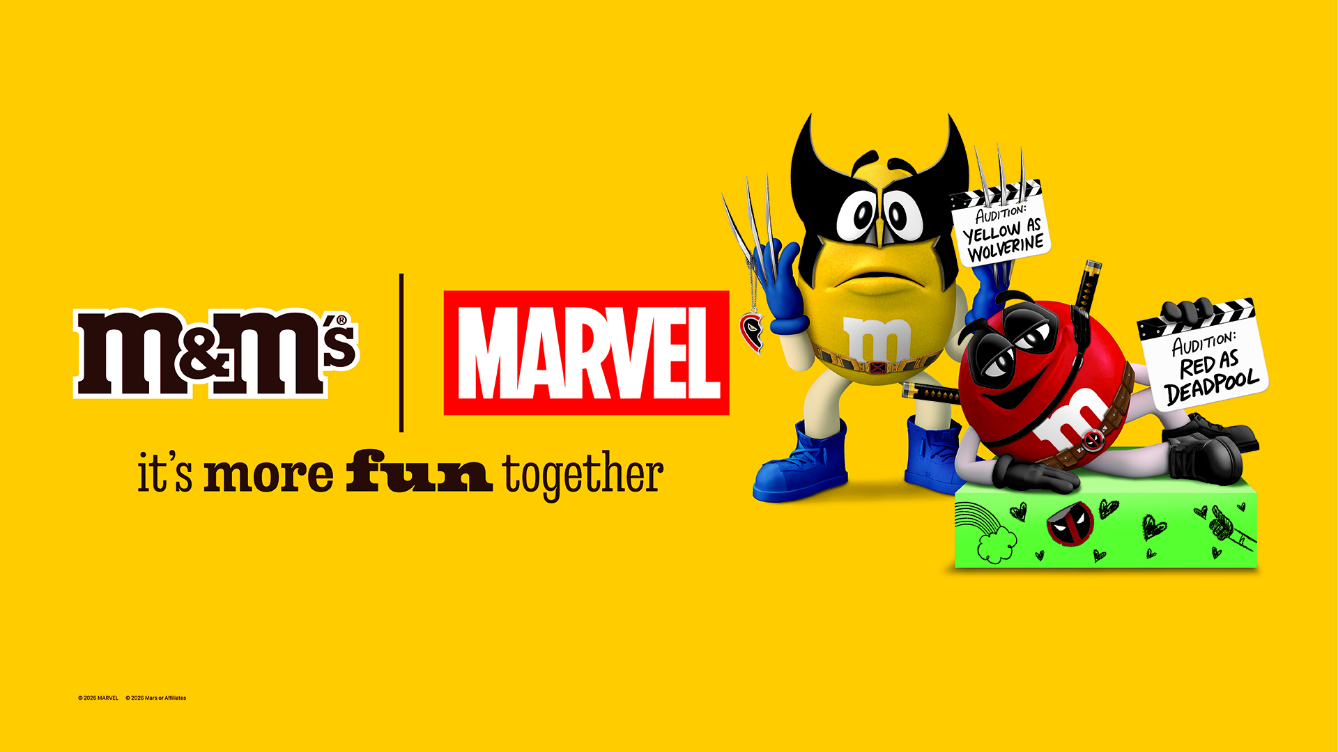 A yellow M&M dressed as Wolverine and a red M&M dressed as Deadpool.