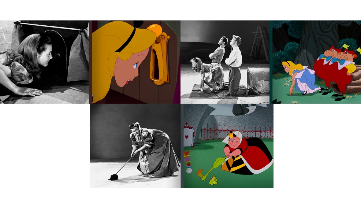 On the left, future Disney Legend Kathryn Beaumont peers through a small opening beside a matching scene of Alice in Disney's Alice in Wonderland; in the middle, Beaumont kneels during a reference performance beside Alice meeting Tweedledee and Tweedledum in Alice in Wonderland; on the right, a performer poses with a croquet mallet beside the Queen of Hearts in Disney's Alice in Wonderland.