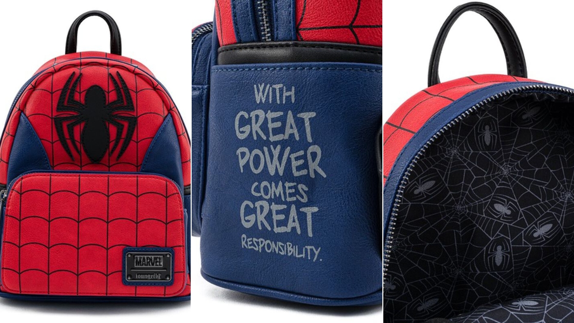 A triptych of images of the Loungefly Spider: Man backpack, with the iconic &ldquo;With great power comes great responsibility&rdquo; quote on the side.