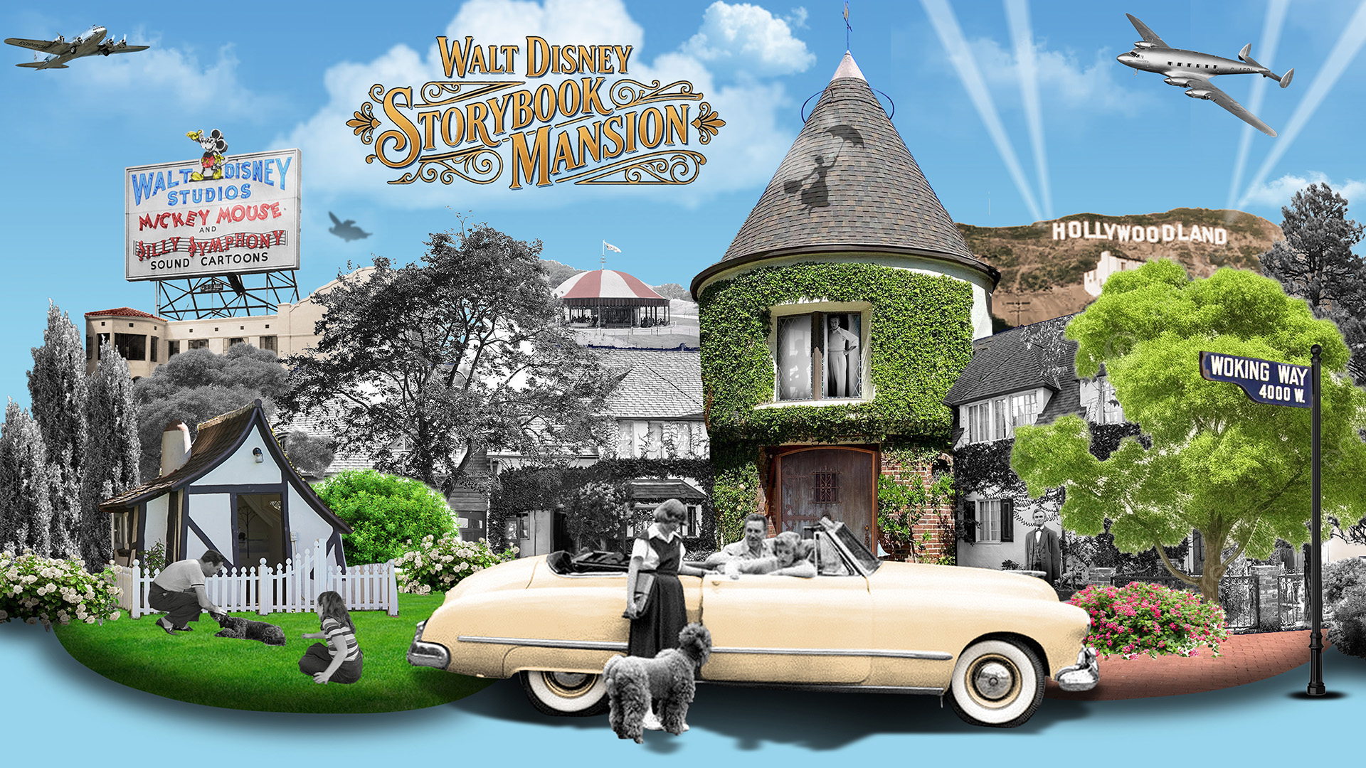 Several landmarks in a collage showing Walt Disney's Storybook Mansion in the Hollywood Hills and his Chicago birthplace.