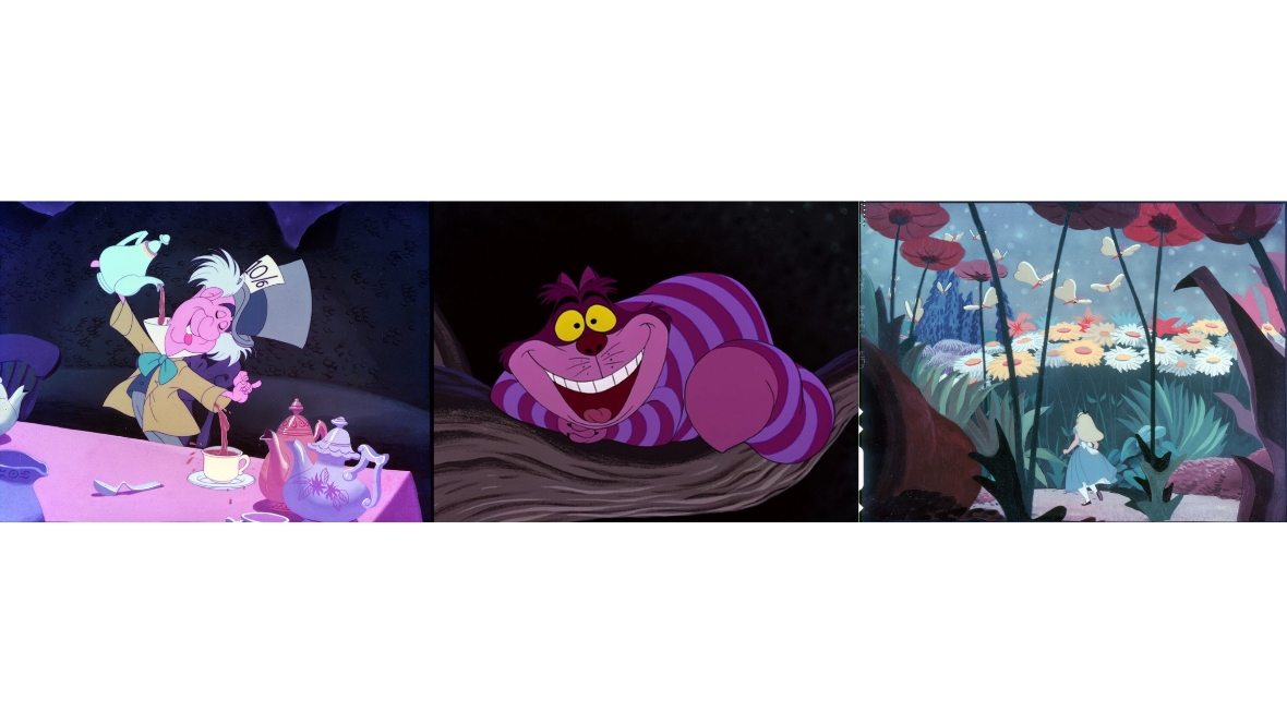 On the left, Alice walks through oversized flowers and plants in a whimsical garden scene from Disney's Alice in Wonderland; in the middle, the Cheshire Cat reclines on a tree branch with a wide grin in Disney's Alice in Wonderland; on the right, Alice stands among talking flowers during a colorful garden sequence in Disney's Alice in Wonderland.
