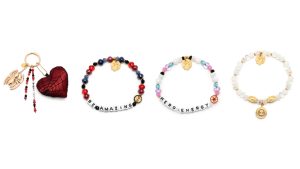 Images of Spider-Man themed bracelets and a keyring from Little Words Project.