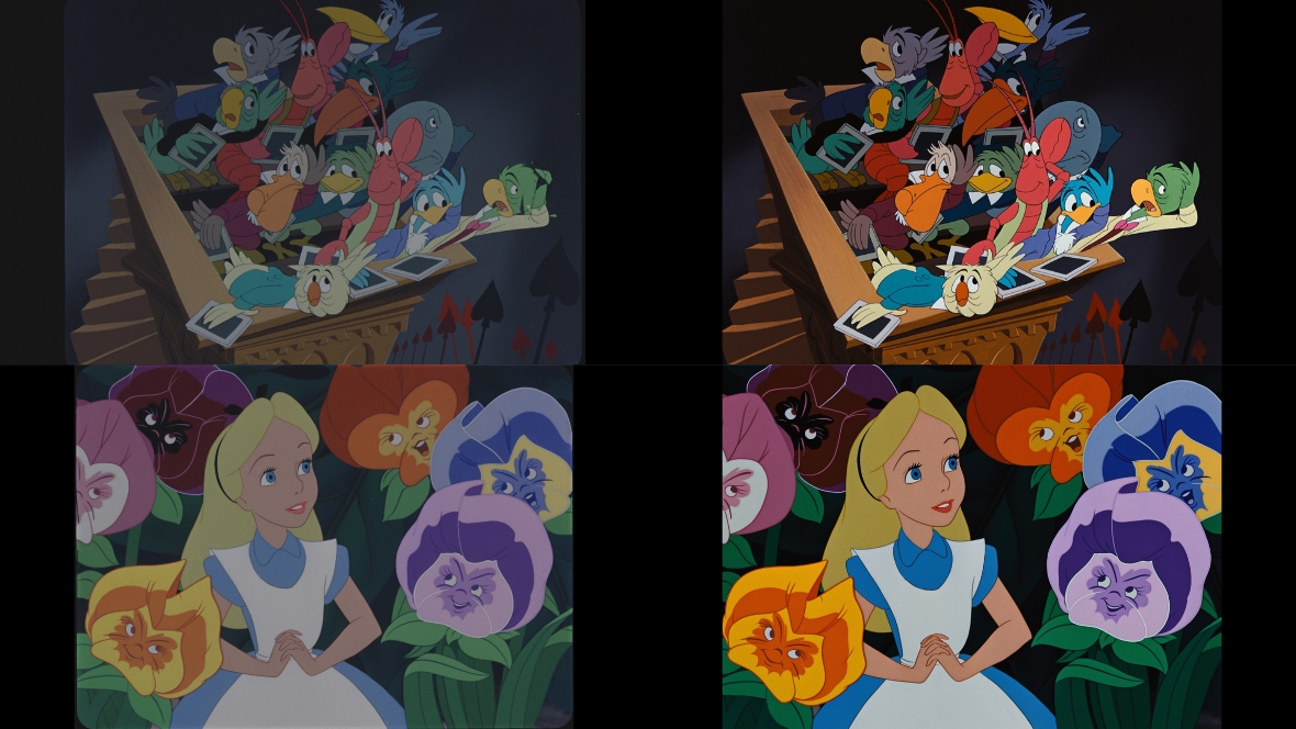 (TOP) On the left, the Doorknob character and other Wonderland creatures appear in an unfinished production frame from Alice in Wonderland; on the right, that same still after the film&rsquo;s recent restoration process. (BOTTOM) On the left, Alice stands among talking flowers in an unfinished production frame from Disney's Alice in Wonderland; on the right, that same still after the film&rsquo;s recent restoration process. 