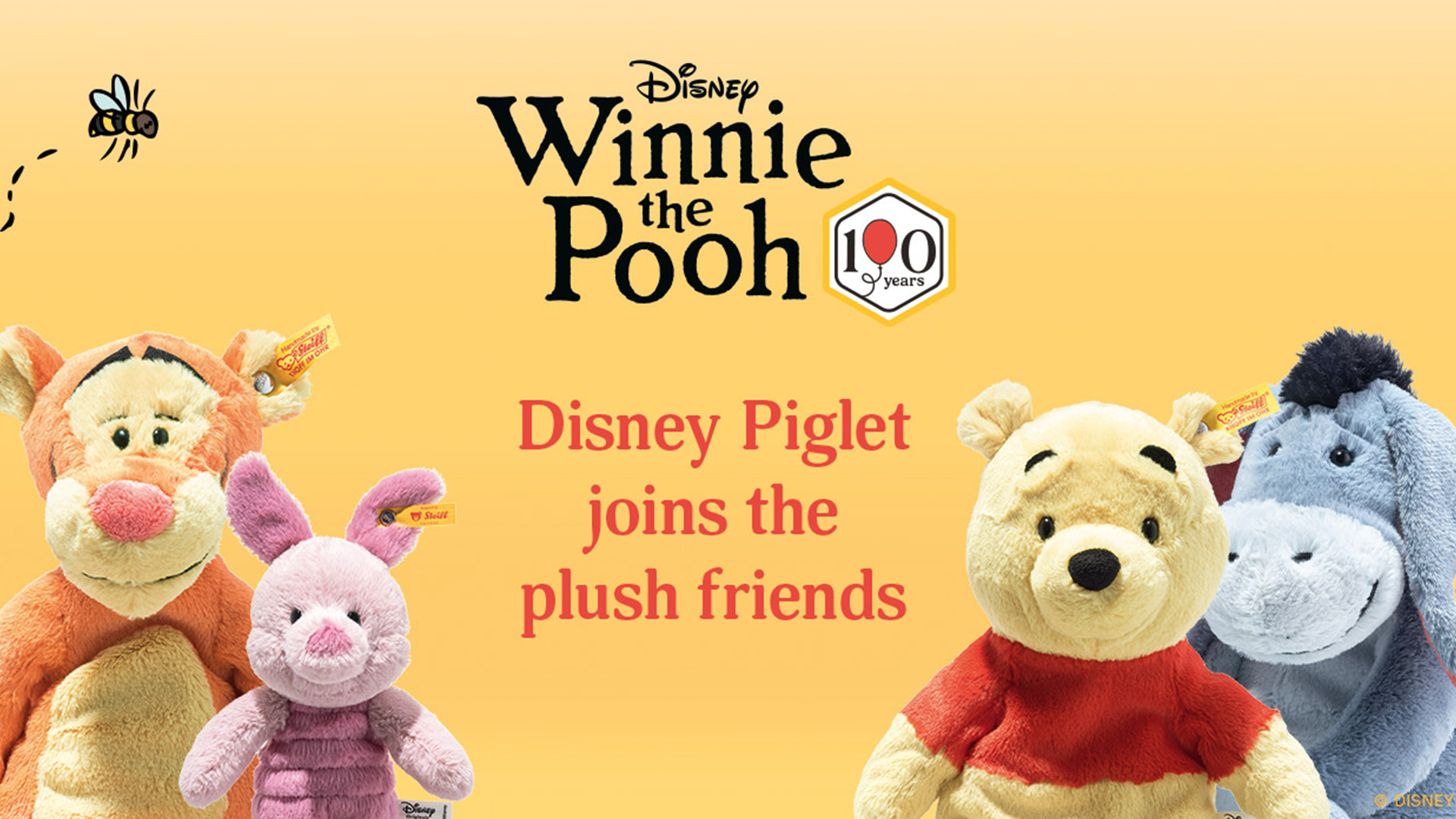 Four Winnie the Pooh plushes. "Disney Piglet joins the plush friends."