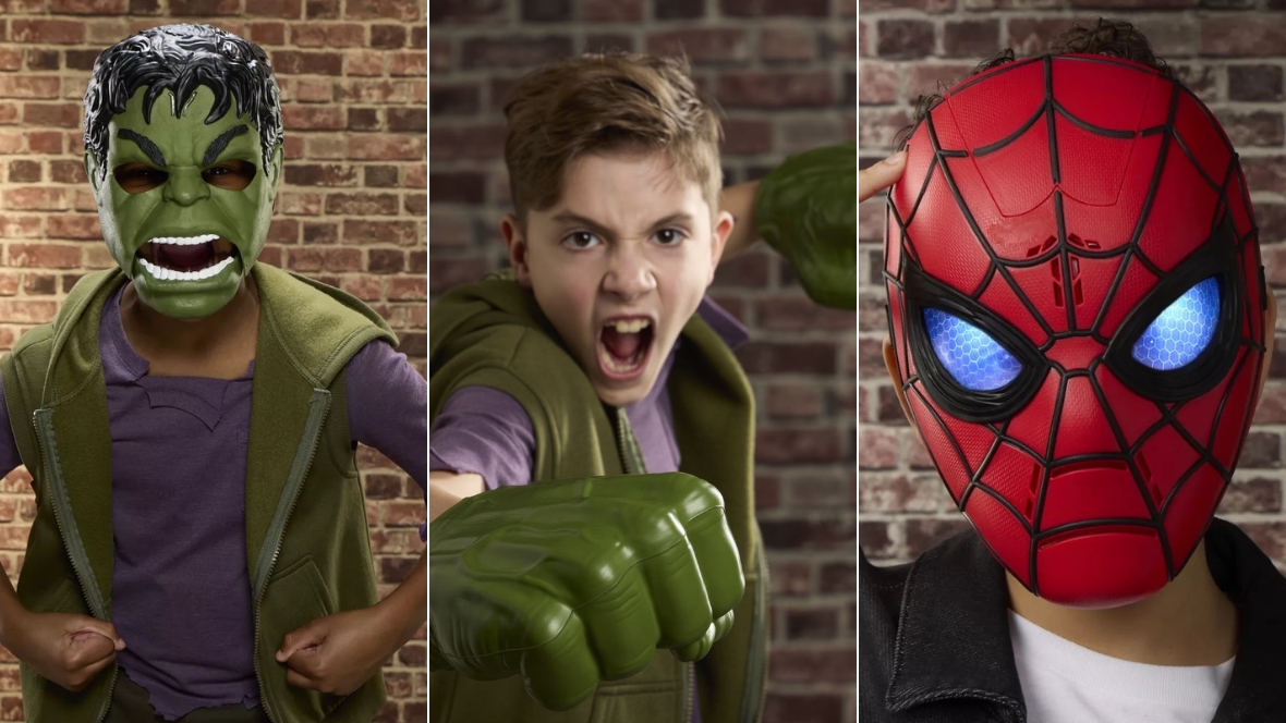 Side by side images of kids wearing a Hulk mask, Hulk Gamma Smash Fists, and a Spider-Man mask.