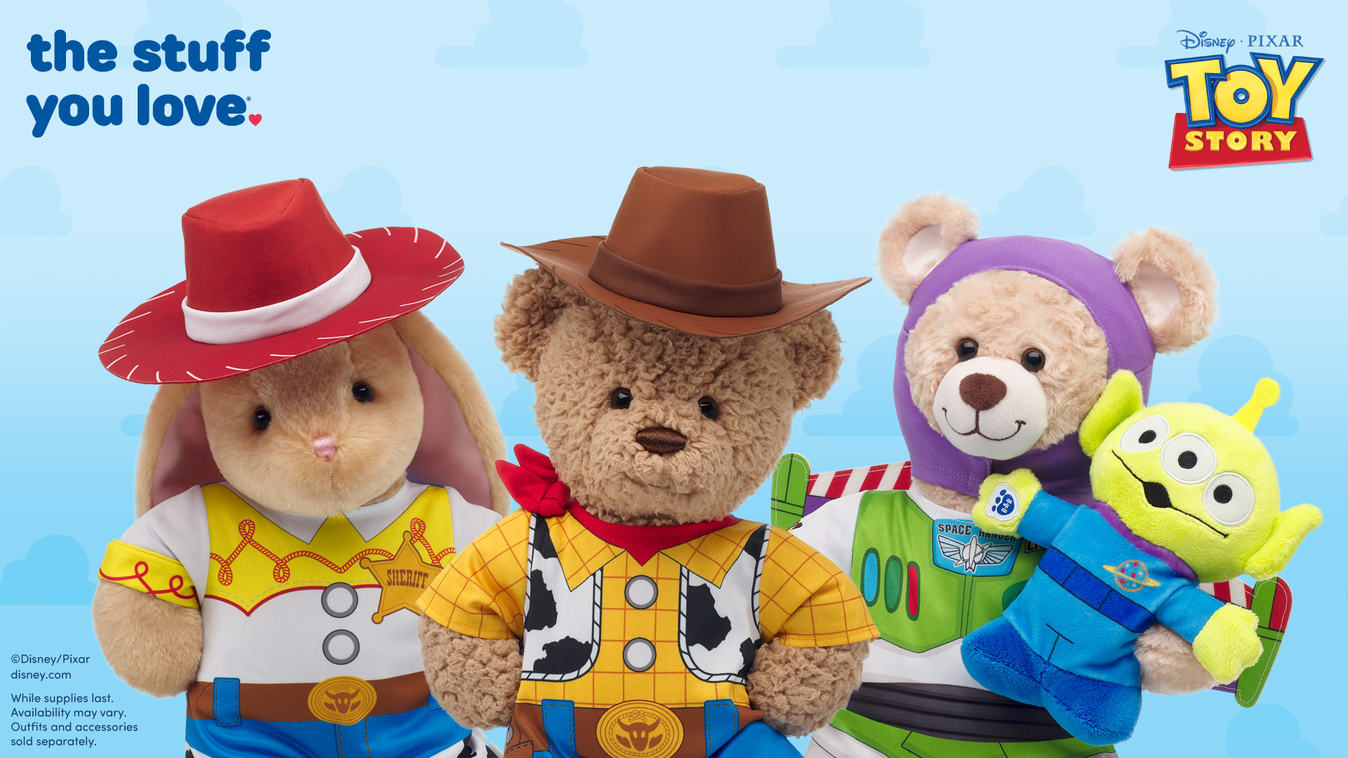 A collection of Build-A-Bear plushes that are Toy Story themed.