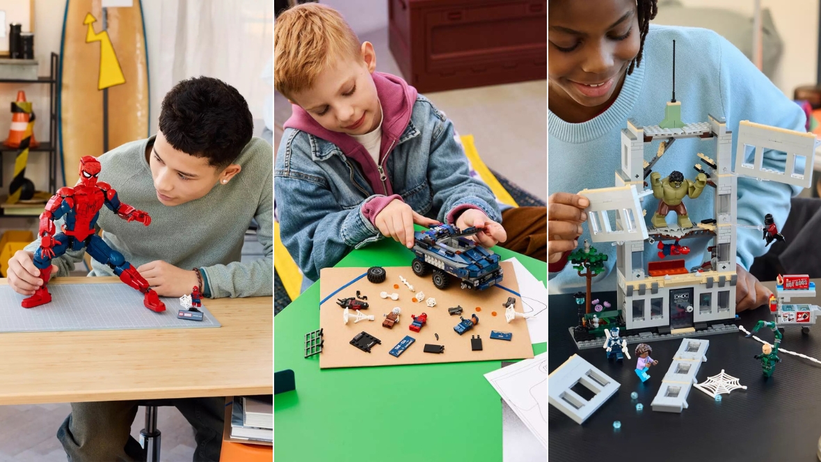 Several images side-by-side of Spider-Man and Hulk-themed LEGO sets, being assembled by kids.