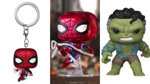 Several images of Spider-Man-themed items from the Funko Pop! collection, including a metallic Spider-Man figurine.