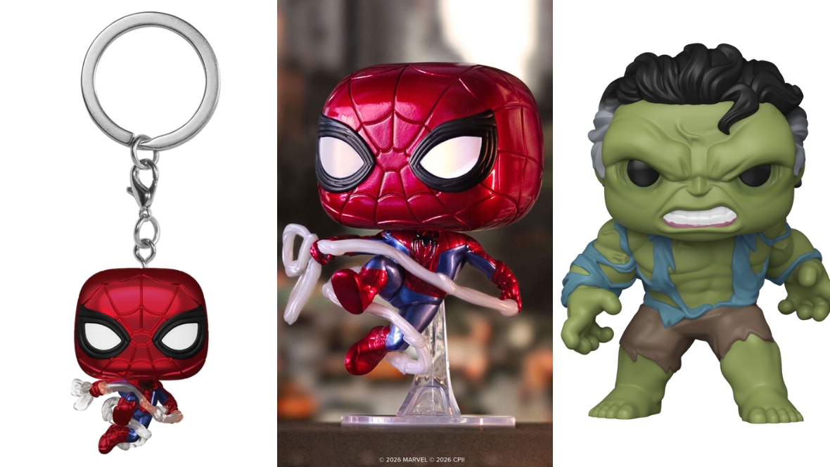Several images of Spider-Man-themed items from the Funko Pop! collection, including a metallic Spider-Man figurine.