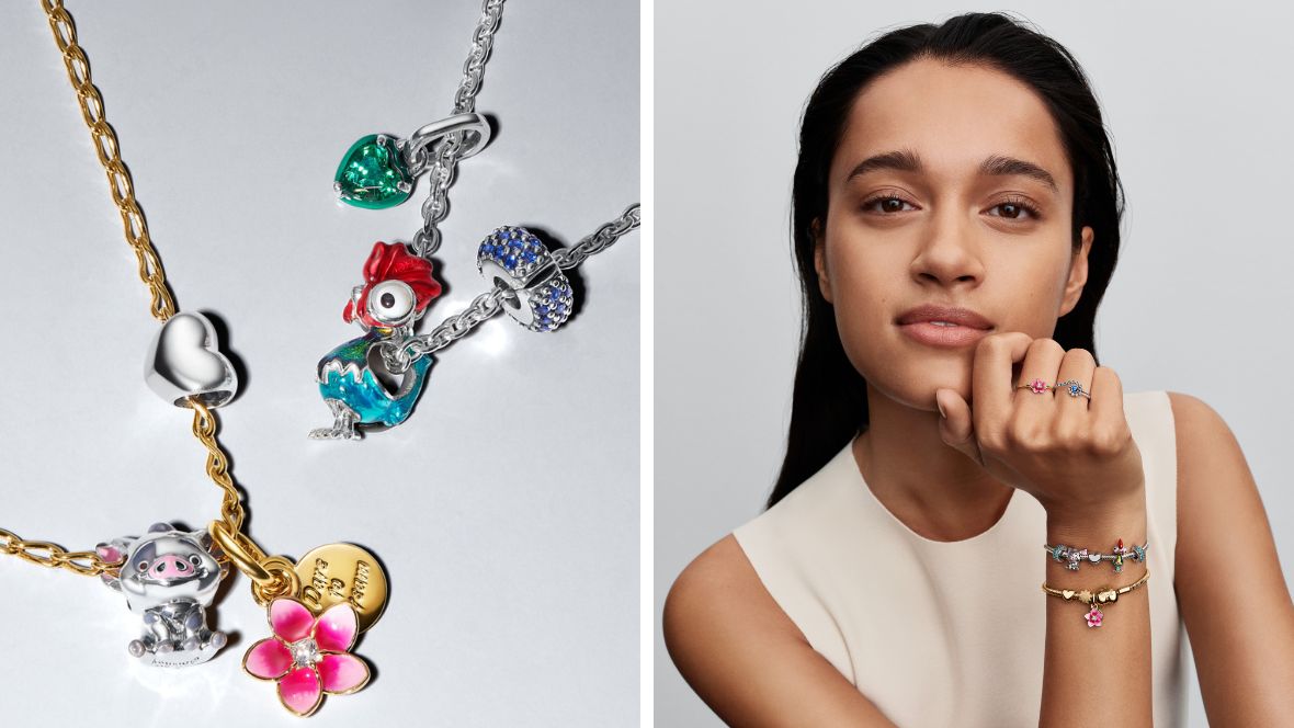 Side by side images of Pandora&rsquo;s Moana-inspired jewelry.