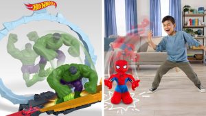 An image of the Hot Wheels Superstar Speeders Spider-Man & Hulk Smash Down Track Set, and the Flip & Quip Spider-Man plush.