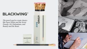Promotional graphic for Blackwing 602 graphite pencils. On the left, text reads, &ldquo;BLACKWING. The pencil used to create classics like Snow White and the Seven Dwarfs, 101 Dalmatians, and Beauty and the Beast.&rdquo; In the center are Blackwing 602 pencils displayed in a white box and upright holder, highlighting the pencils&rsquo; black barrels, gold ferrules, and pink erasers. On the right, three archival Disney animation photos show artists sketching characters, including a drawing of a Dalmatian puppy next to a live Dalmatian and an animator drawing with a pencil. The background is light gray.Provide your feedback on BizChat