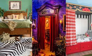 Collage of three Disney-inspired room designs: a safari-themed bedroom, a richly decorated fantasy room with a red curtained entrance, and a colorful Wonderland-inspired bedroom featuring heart-themed d&eacute;cor and bold red-and-white patterns.