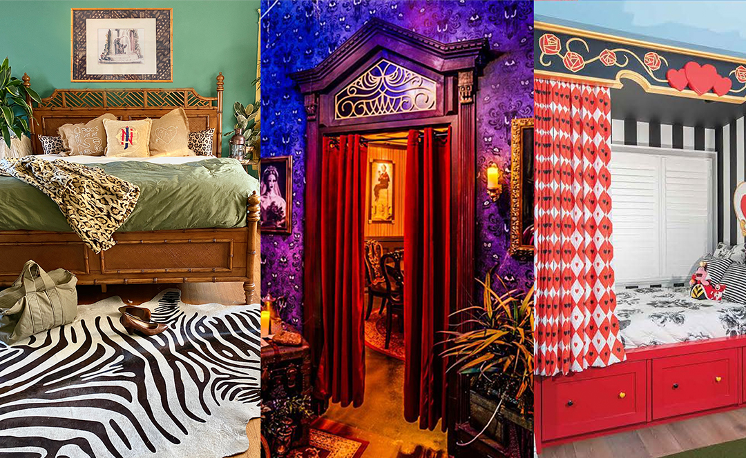 Collage of three Disney-inspired room designs: a safari-themed bedroom, a richly decorated fantasy room with a red curtained entrance, and a colorful Wonderland-inspired bedroom featuring heart-themed d&eacute;cor and bold red-and-white patterns.