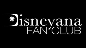 Disneyana Fan Club logo in white on a black background. The logo features a stylized capital &ldquo;D&rdquo; containing an eight-pointed star, followed by the text &ldquo;Disneyana&rdquo; in a large serif font and &ldquo;FAN CLUB&rdquo; below in a thinner, uppercase font.