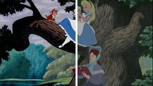 Animated Alice sits beneath a large tree beside her sister in a side-by-side comparison from Disney's Alice in Wonderland.