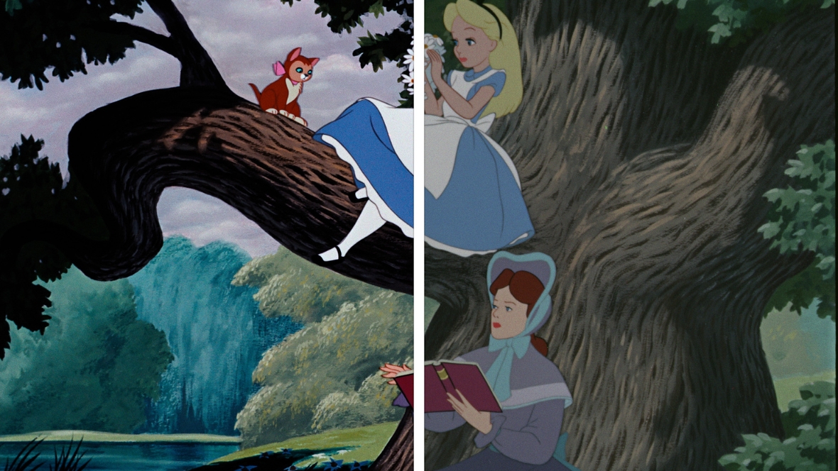 Animated Alice sits beneath a large tree beside her sister in a side-by-side comparison from Disney's Alice in Wonderland.